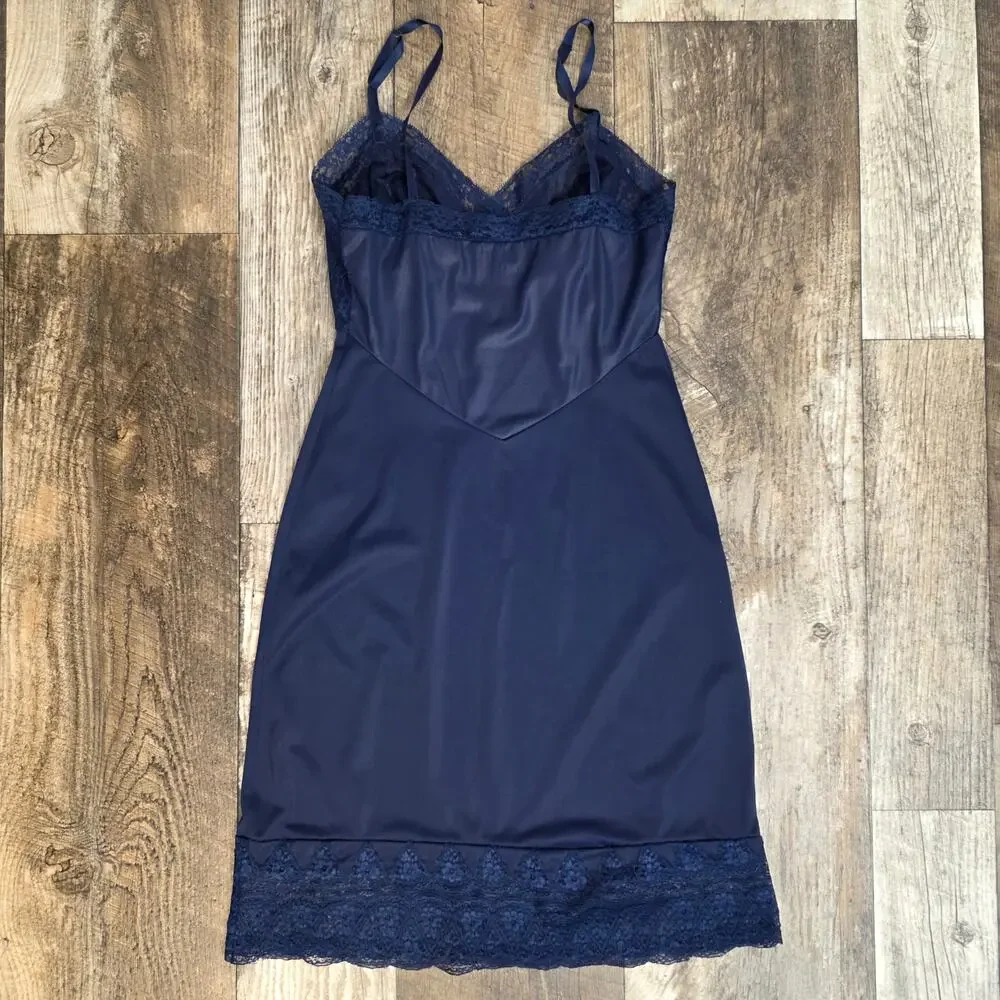 Vintage Navy Sheer Lace Slip Dress Midi Lingerie Dark Coquette Romantic - Picture 7 of 8